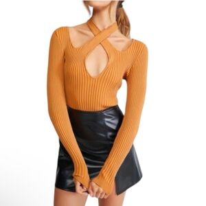 MINK PINK Gianna Knit Top fitted rib knit halter-neck front cutout Medium NWT